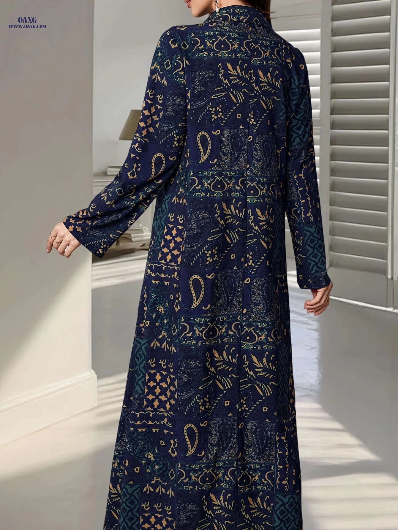 Elegant Women's Print Abaya Dress - Long Sleeve, Loose Fit   OAXG 