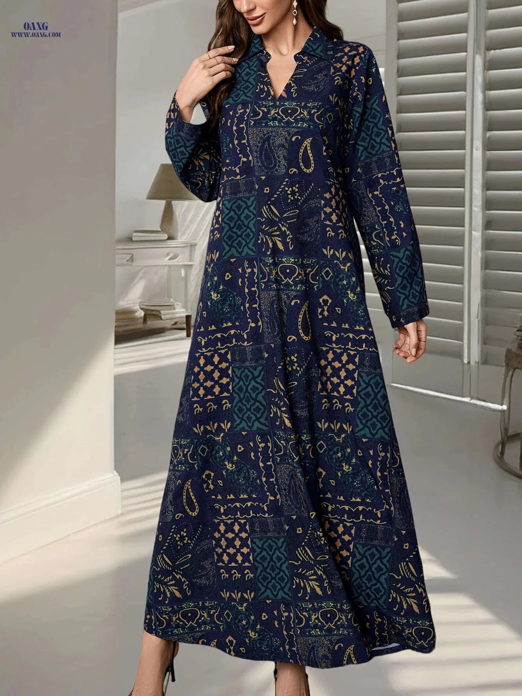 Elegant Women's Print Abaya Dress - Long Sleeve, Loose Fit   OAXG 