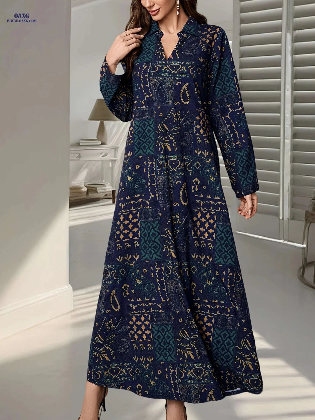Elegant Women's Print Abaya Dress - Long Sleeve, Loose Fit   OAXG 