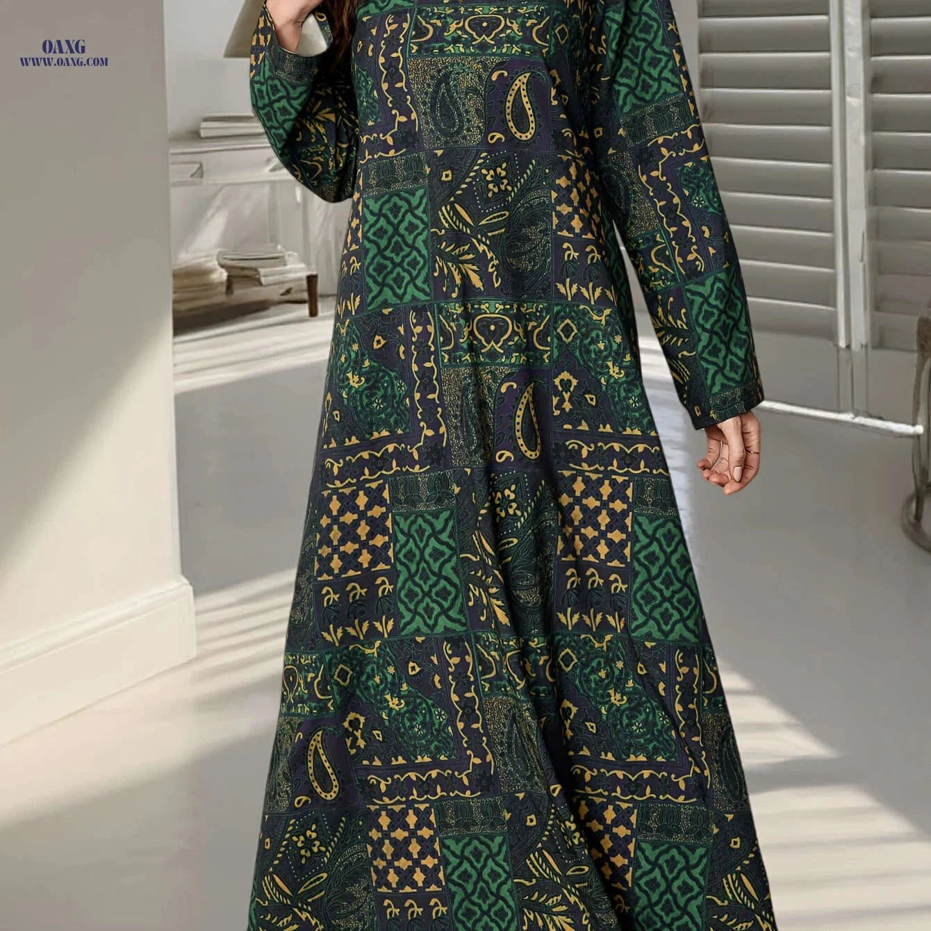 Elegant Women's Print Abaya Dress - Long Sleeve, Loose Fit   OAXG 