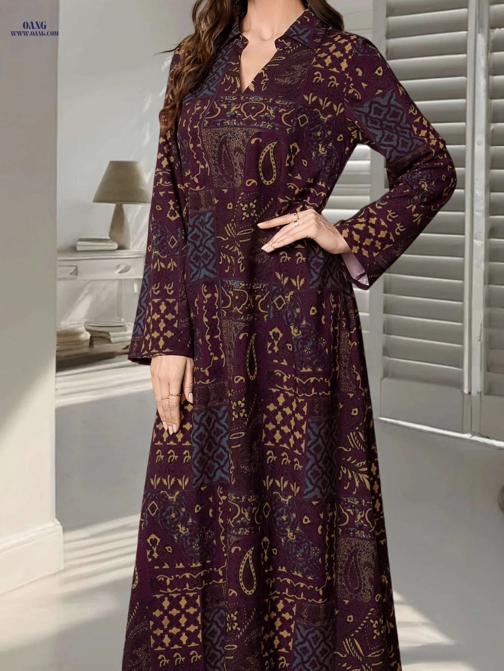 Elegant Women's Print Abaya Dress - Long Sleeve, Loose Fit   OAXG 