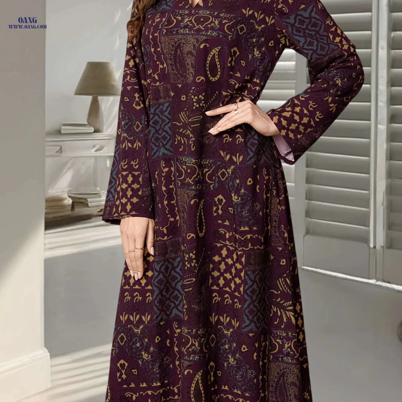 Elegant Women's Print Abaya Dress - Long Sleeve, Loose Fit   OAXG Green / S
