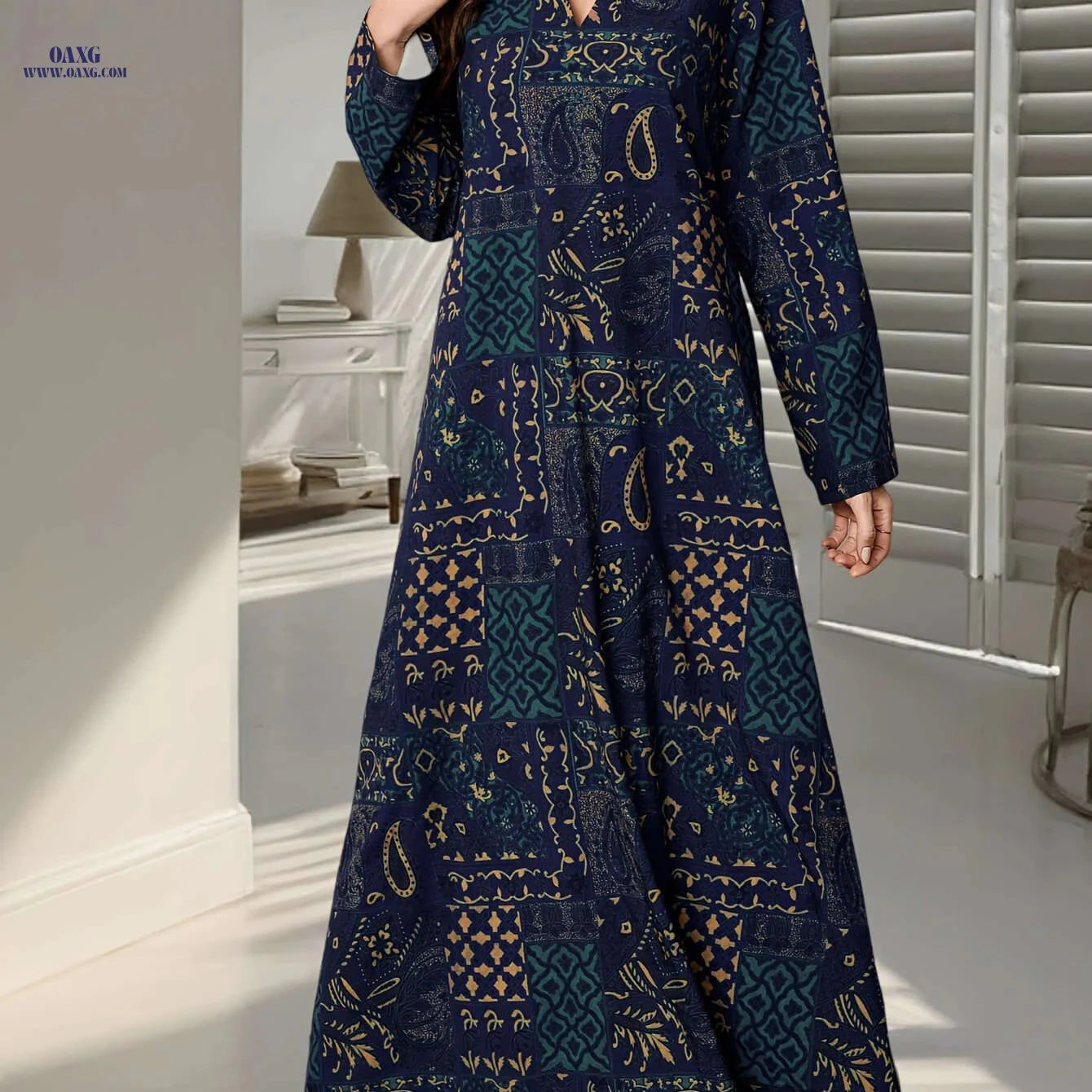 Elegant Women's Print Abaya Dress - Long Sleeve, Loose Fit   OAXG Green / S
