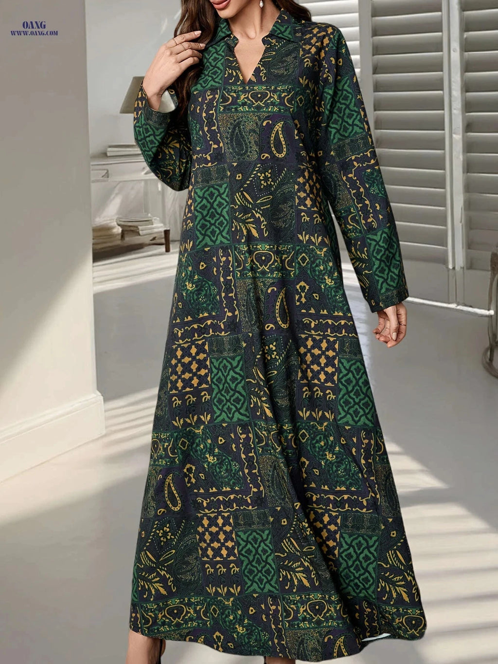 Elegant Women's Print Abaya Dress - Long Sleeve, Loose Fit   OAXG 