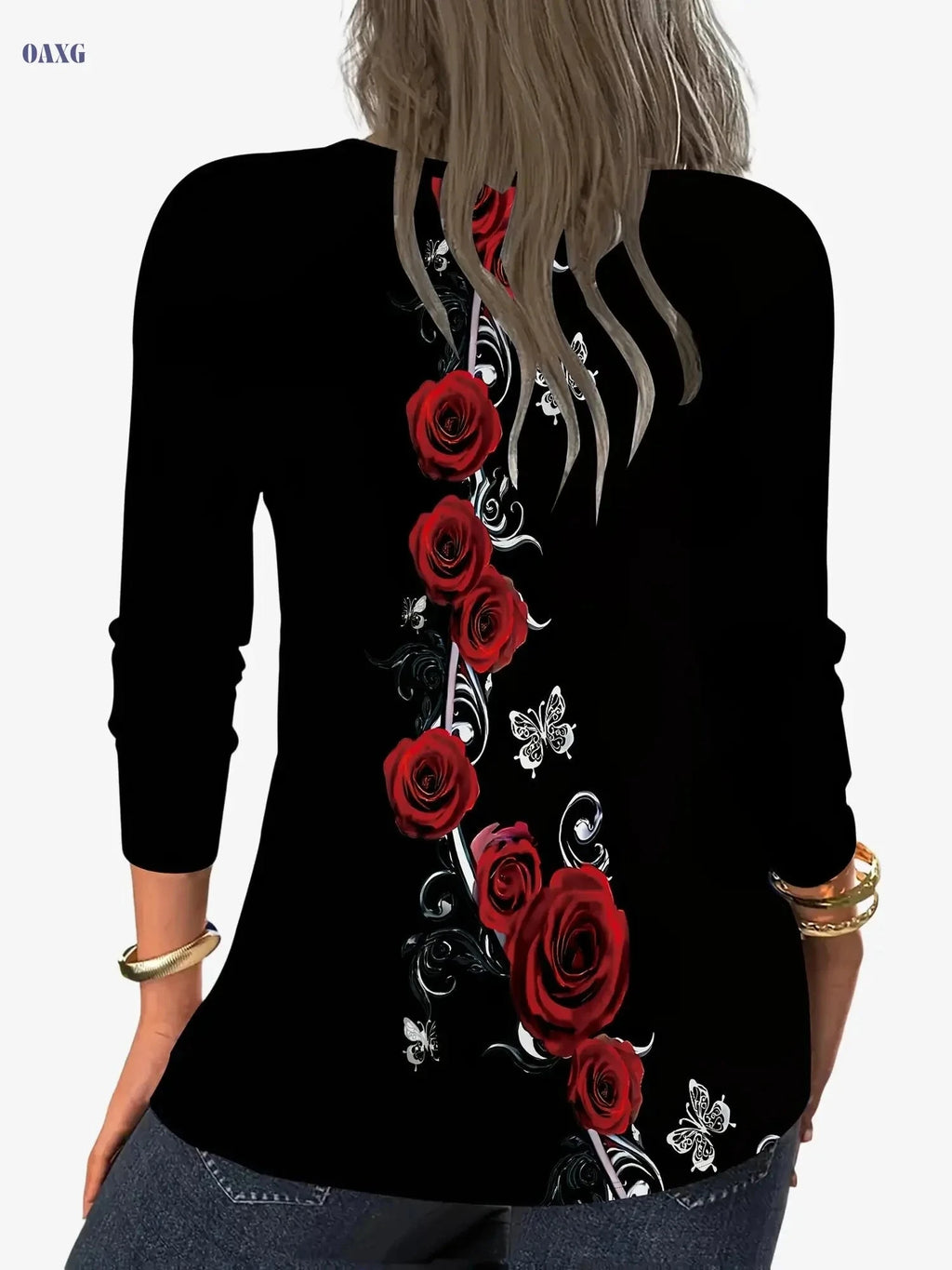 Elegant Women's Printed Long-Sleeve V-Neck T-Shirt - Stylish Design   OAXG 
