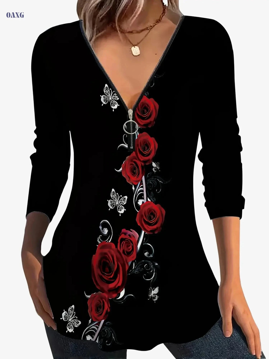 Elegant Women's Printed Long-Sleeve V-Neck T-Shirt - Stylish Design   OAXG 