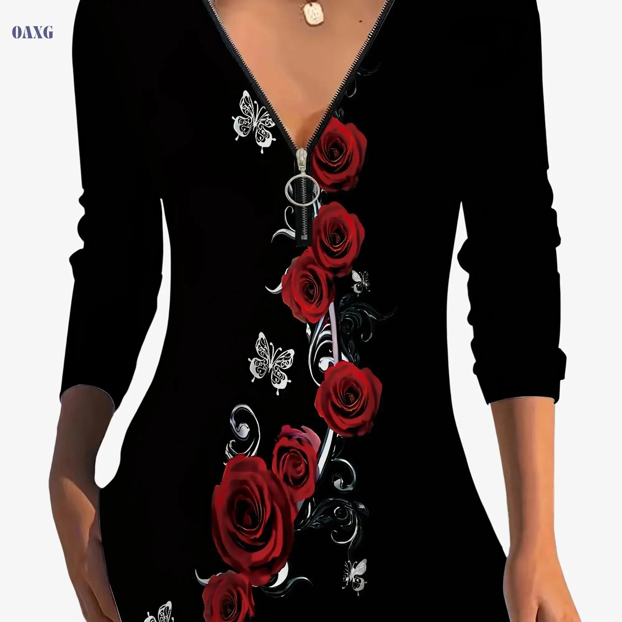 Elegant Women's Printed Long-Sleeve V-Neck T-Shirt - Stylish Design   OAXG Black / S