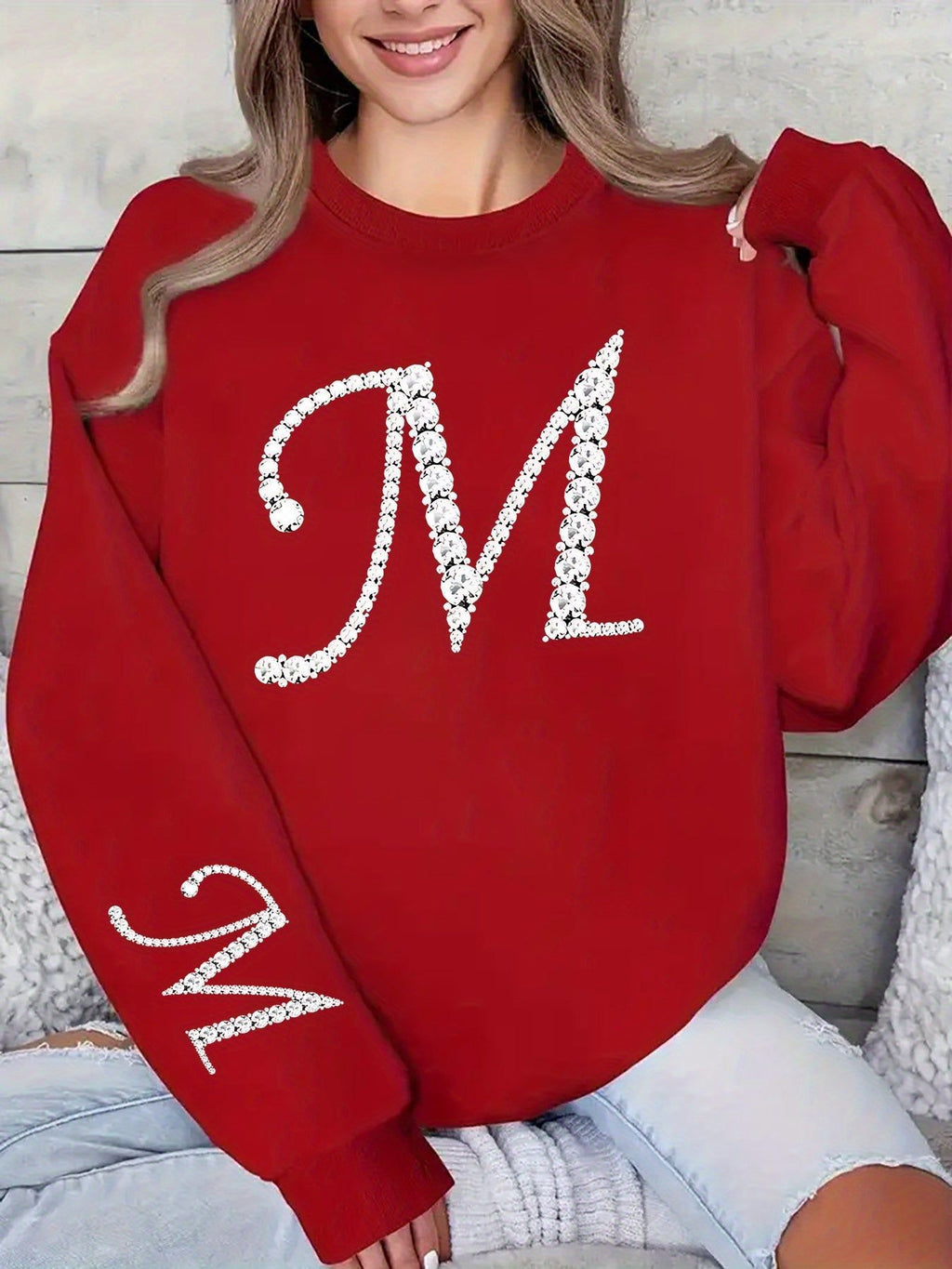 Elegant Women's Pullover Sweatshirt - Shiny Letter M Print Design   OAXG Light Grey / S
