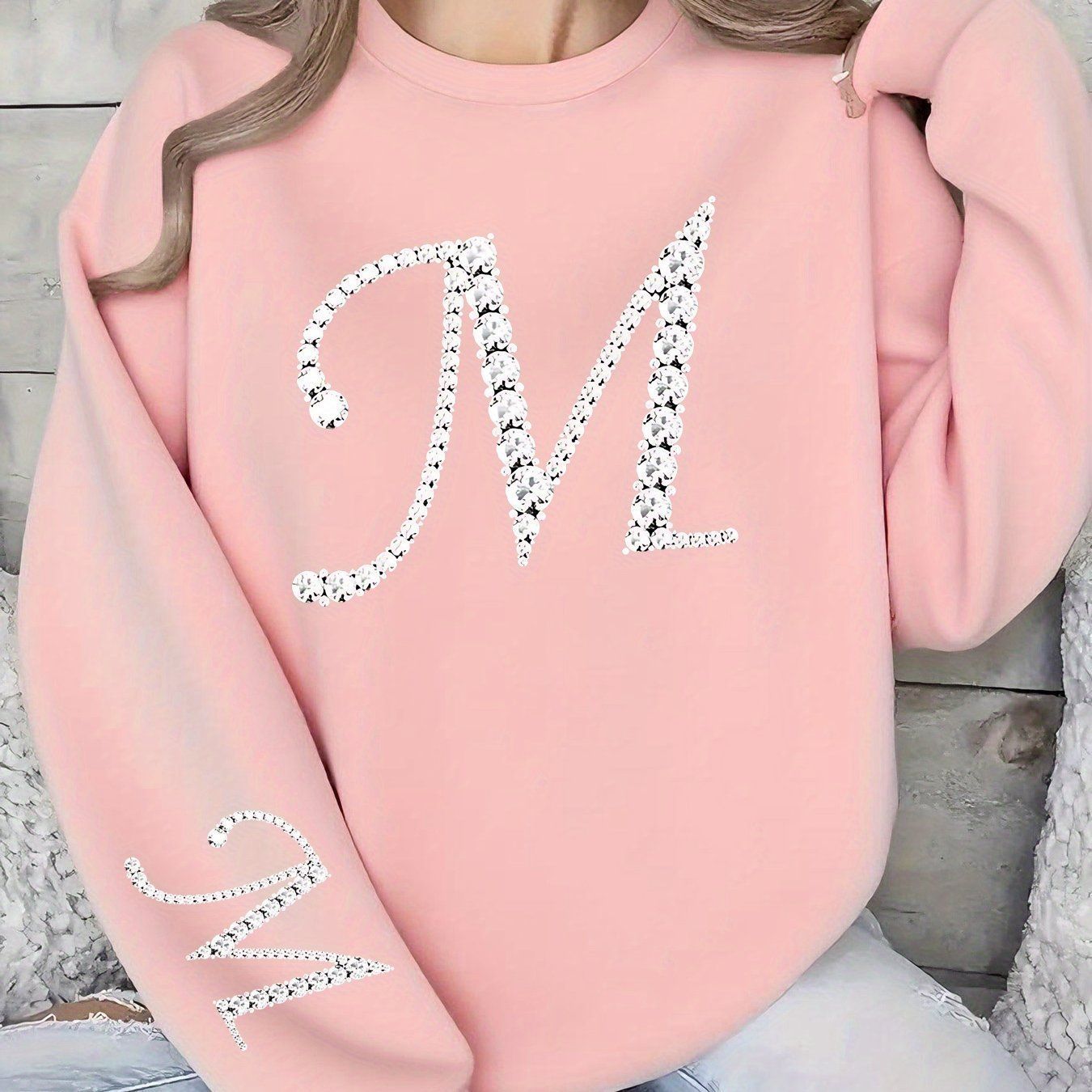 Elegant Women's Pullover Sweatshirt - Shiny Letter M Print Design   OAXG Light Grey / S