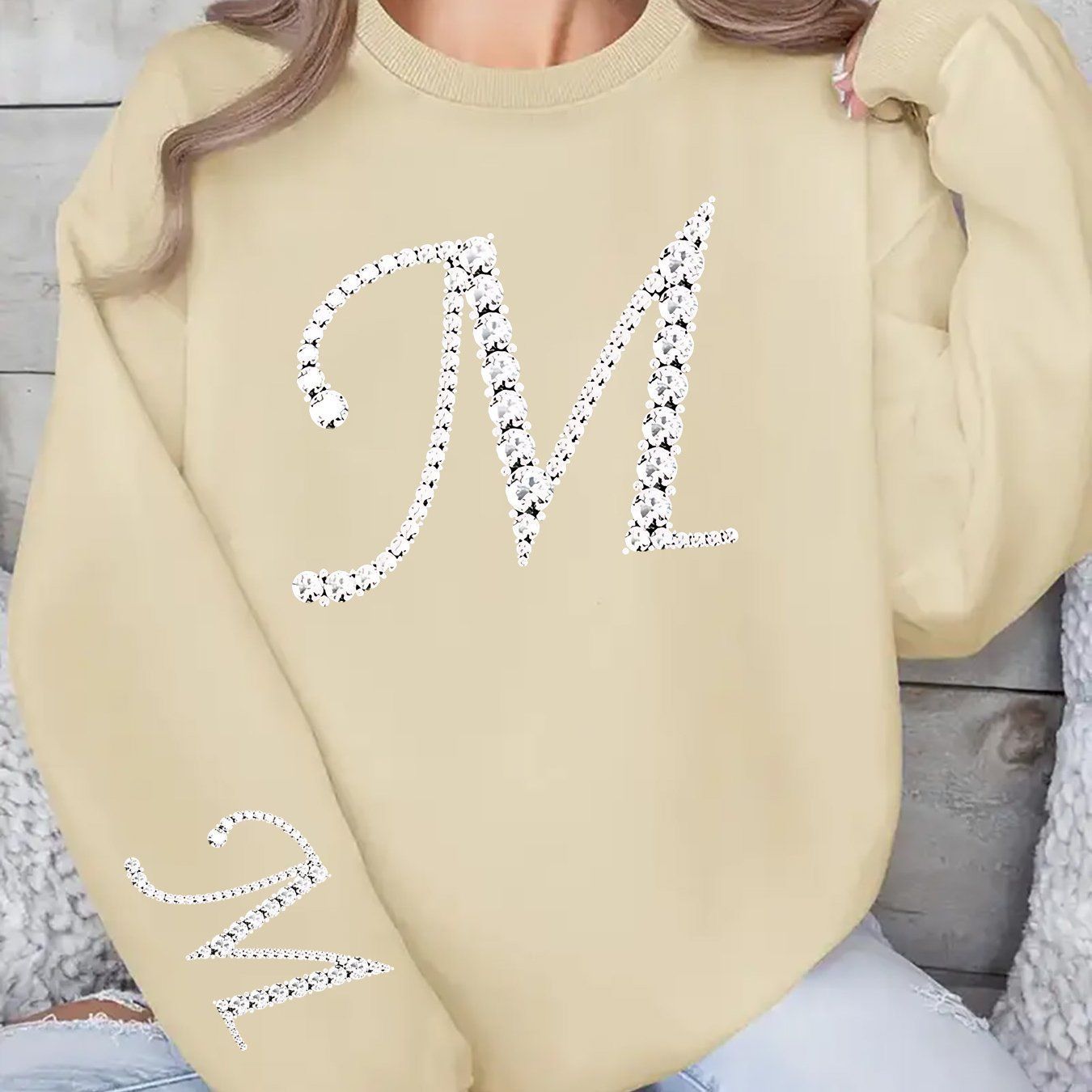 Elegant Women's Pullover Sweatshirt - Shiny Letter M Print Design   OAXG Light Grey / S