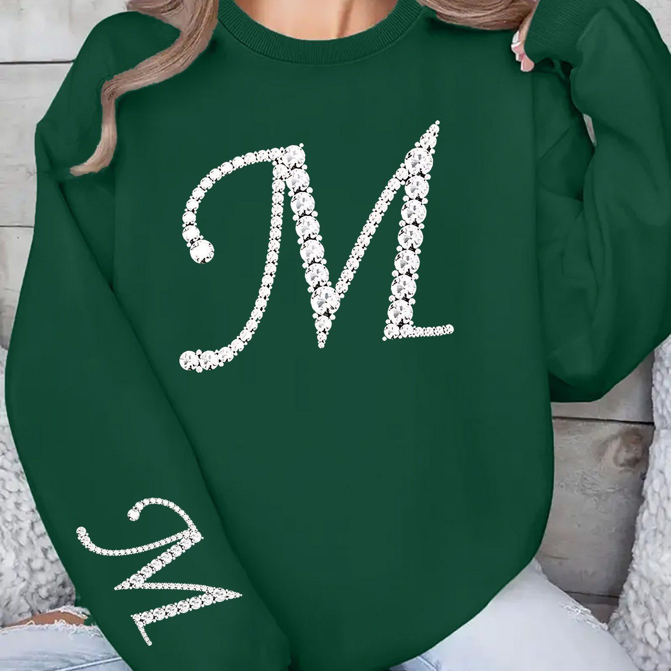 Elegant Women's Pullover Sweatshirt - Shiny Letter M Print Design   OAXG Light Grey / S