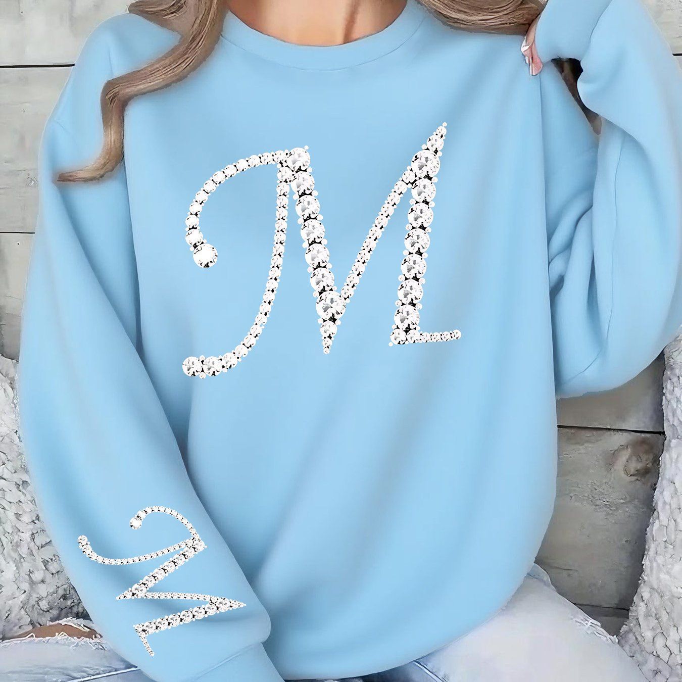 Elegant Women's Pullover Sweatshirt - Shiny Letter M Print Design   OAXG Light Grey / S