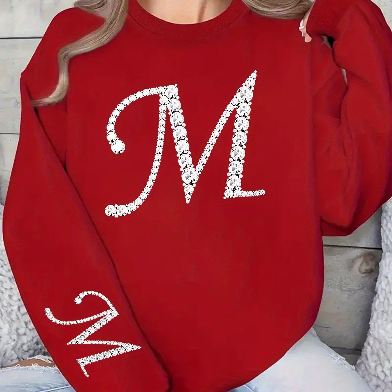 Elegant Women's Pullover Sweatshirt - Shiny Letter M Print Design   OAXG Light Grey / S
