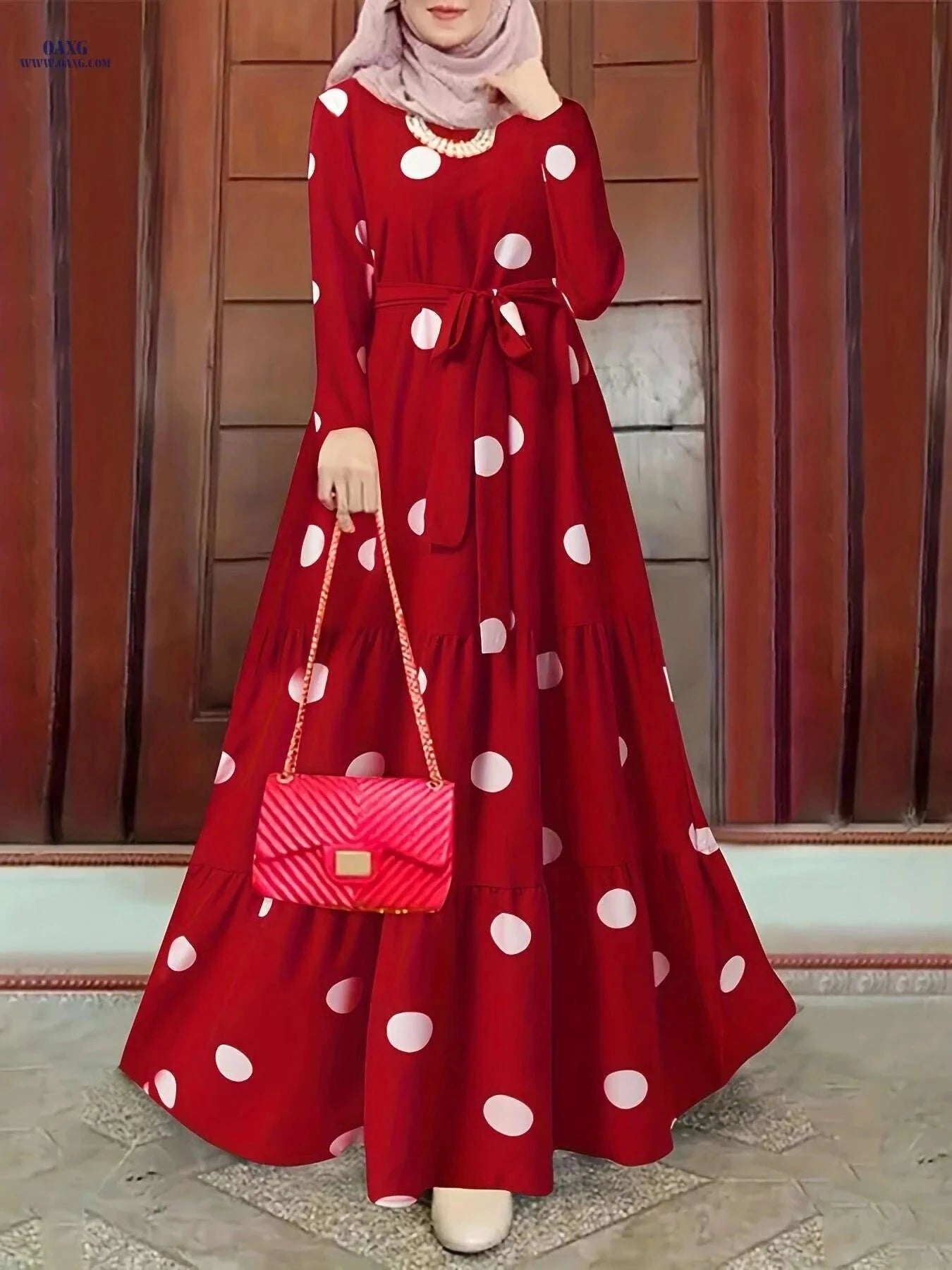 Elegant Women's Red & White Polka Dot Abaya Dress - Long Sleeve Style   OAXG Burgundy / S