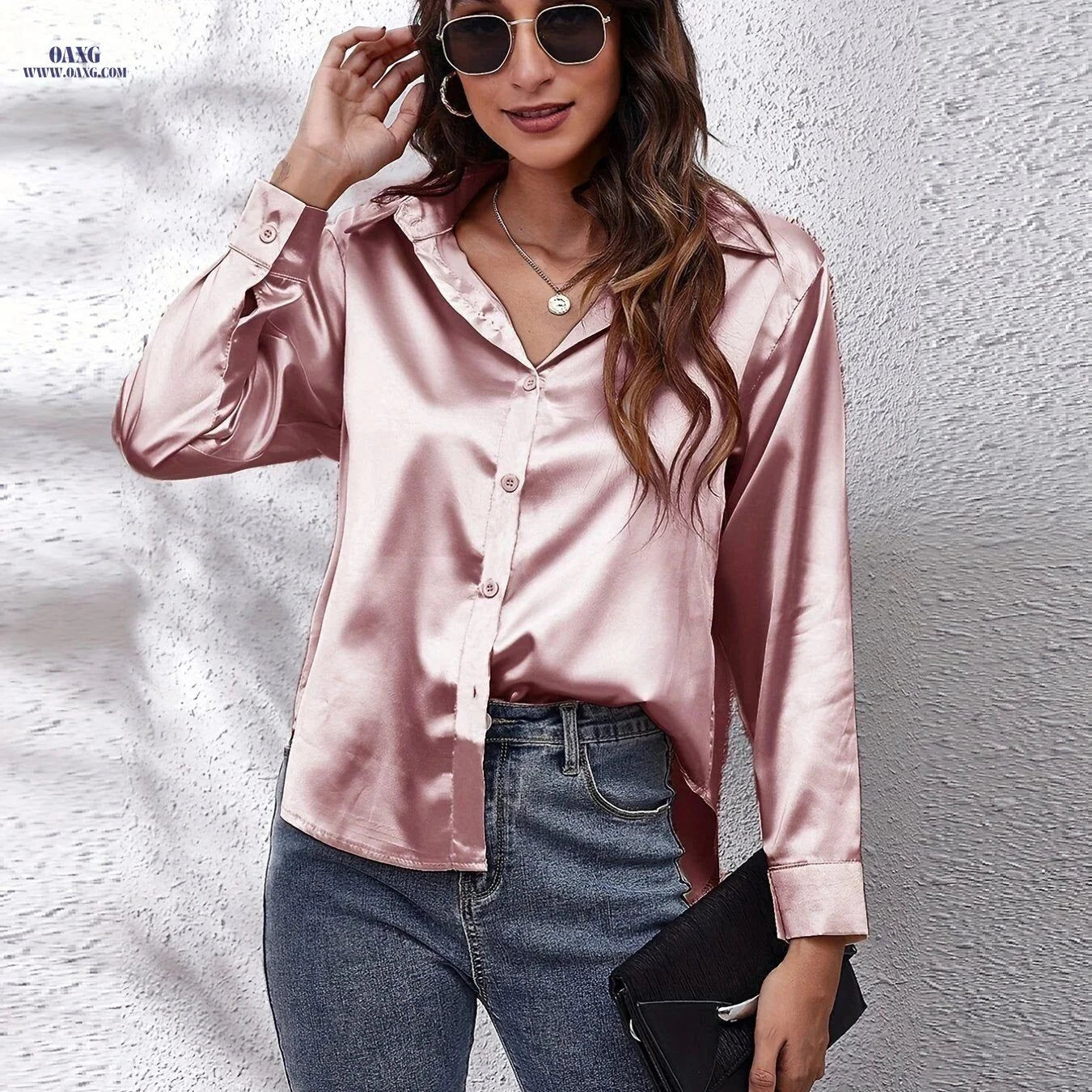 Elegant Women's Satin Long-Sleeved Shirt - Stylish Tunic Top   OAXG Red / S