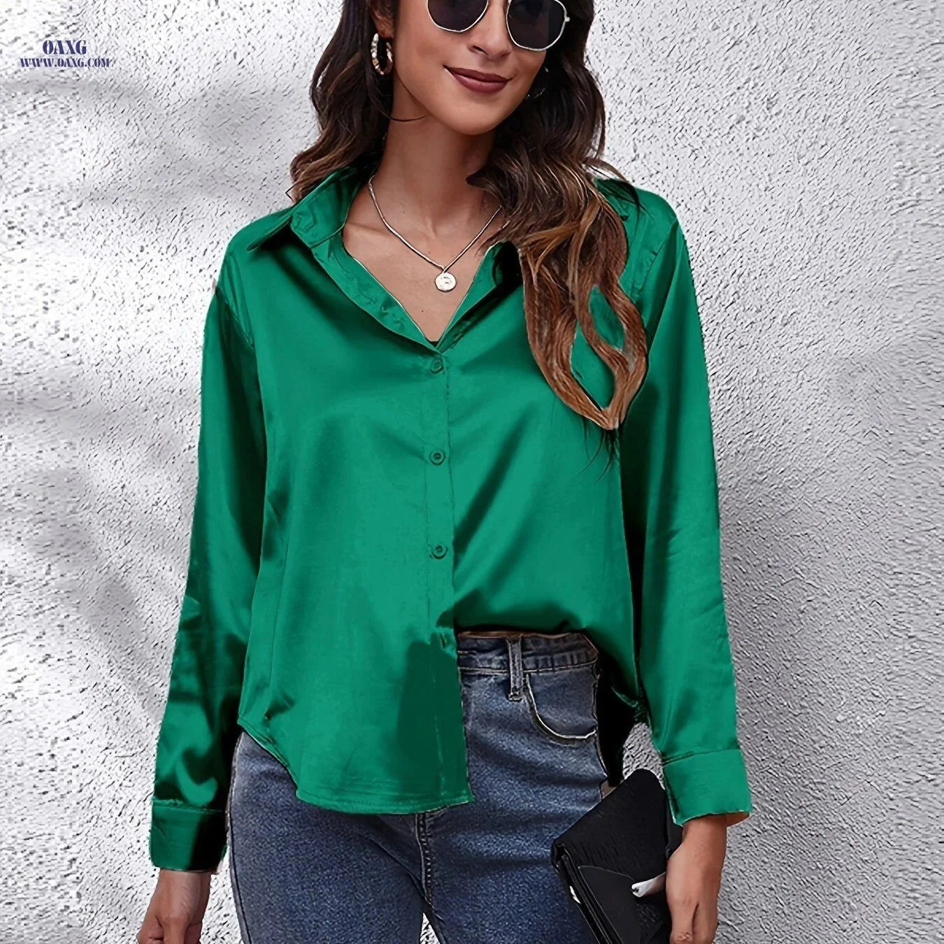 Elegant Women's Satin Long-Sleeved Shirt - Stylish Tunic Top   OAXG Red / S