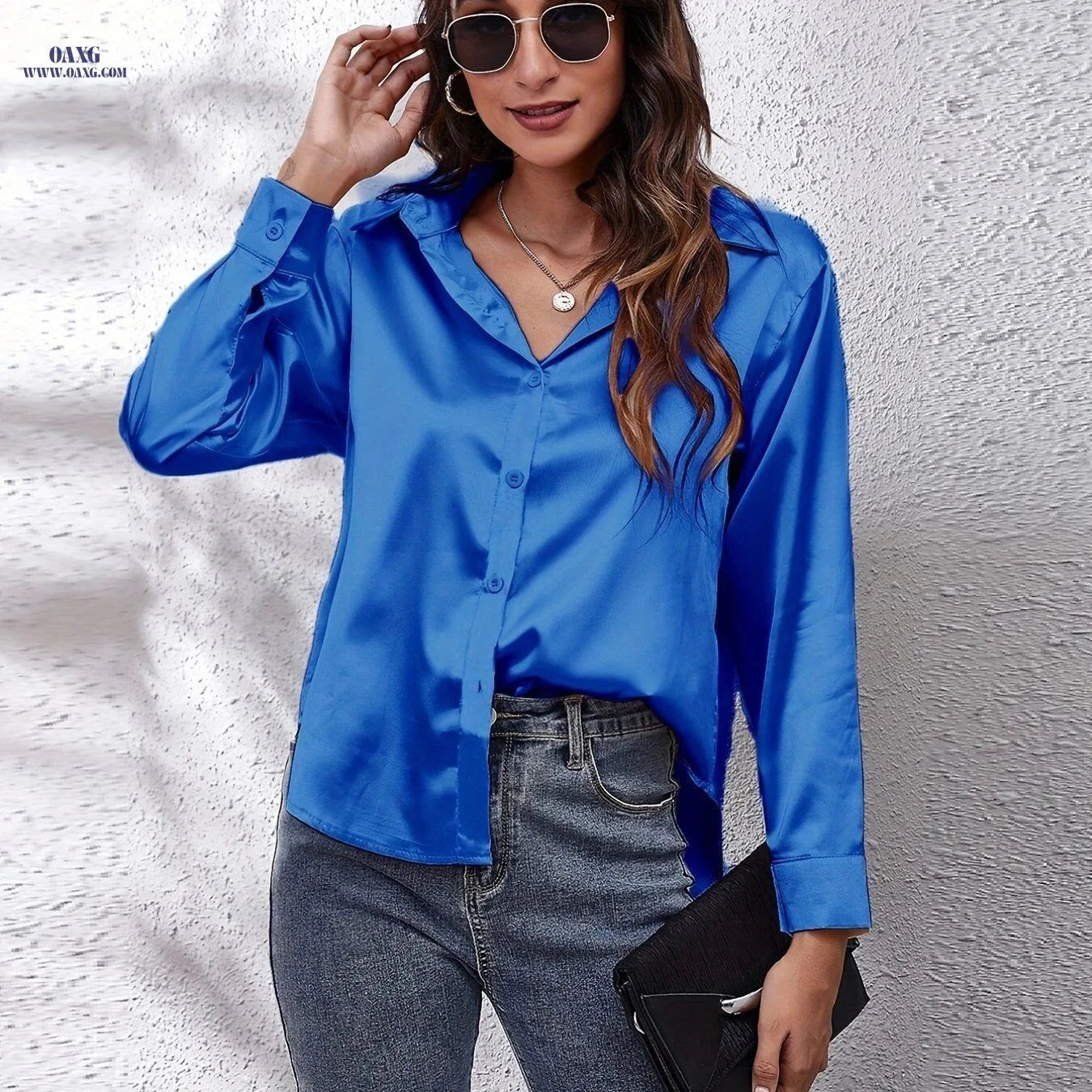 Elegant Women's Satin Long-Sleeved Shirt - Stylish Tunic Top   OAXG Red / S