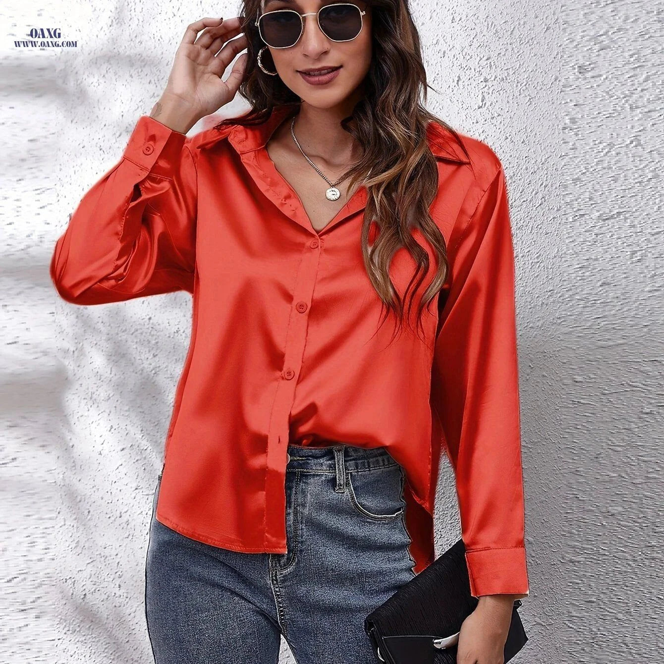 Elegant Women's Satin Long-Sleeved Shirt - Stylish Tunic Top   OAXG Red / S