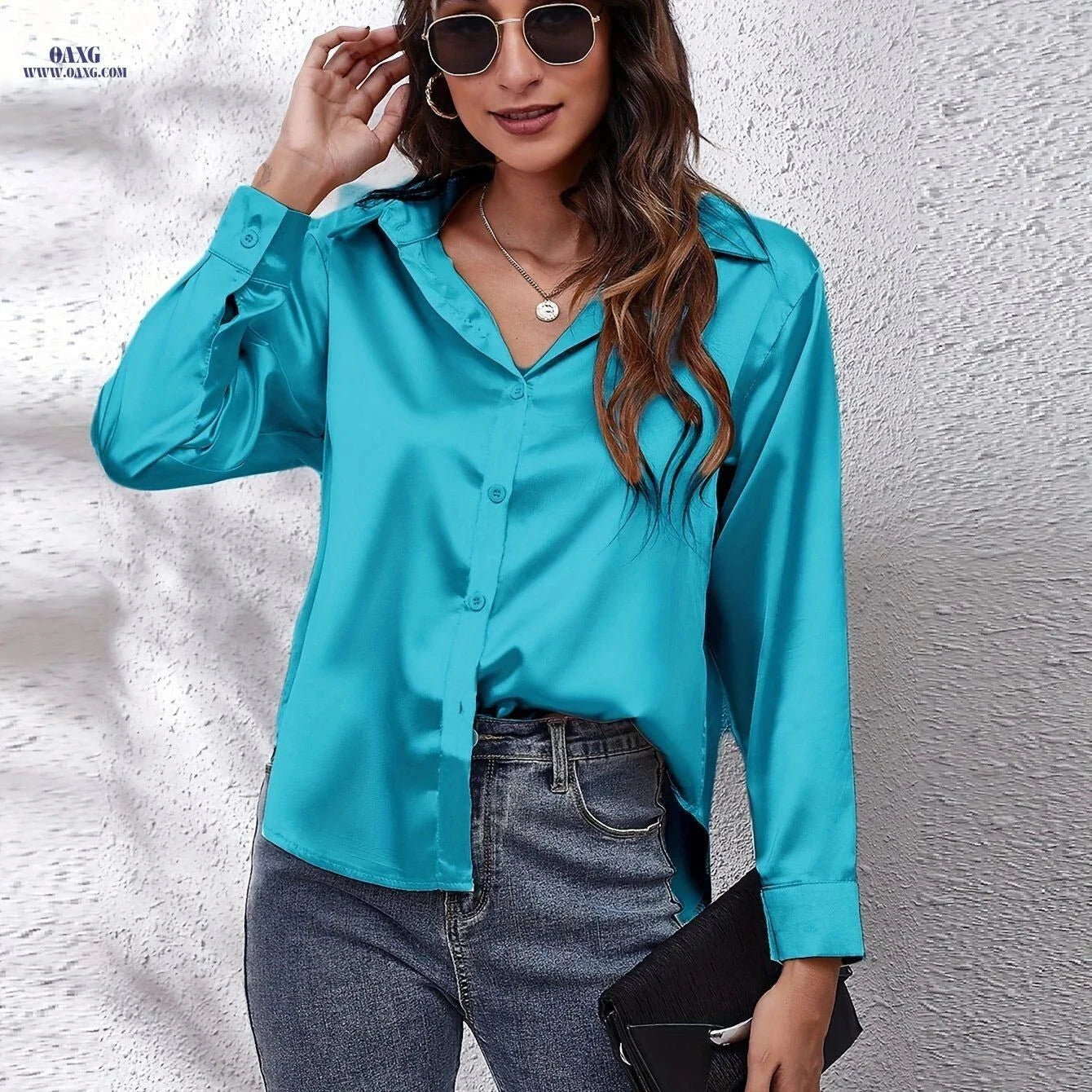 Elegant Women's Satin Long-Sleeved Shirt - Stylish Tunic Top   OAXG Red / S