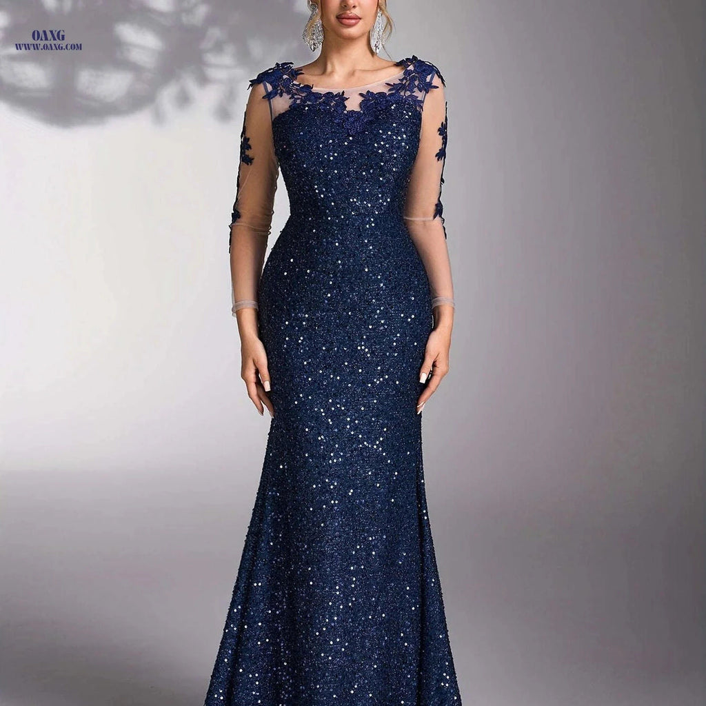 Elegant Women's Sequin Patchwork Evening Gown - Ideal for Weddings   OAXG 