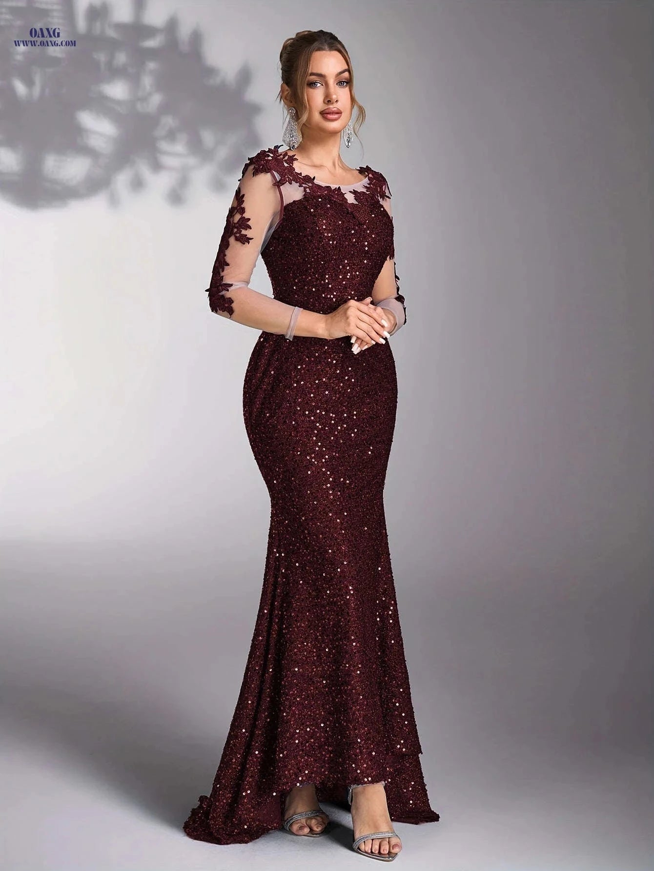 Elegant Women's Sequin Patchwork Evening Gown - Ideal for Weddings   OAXG 