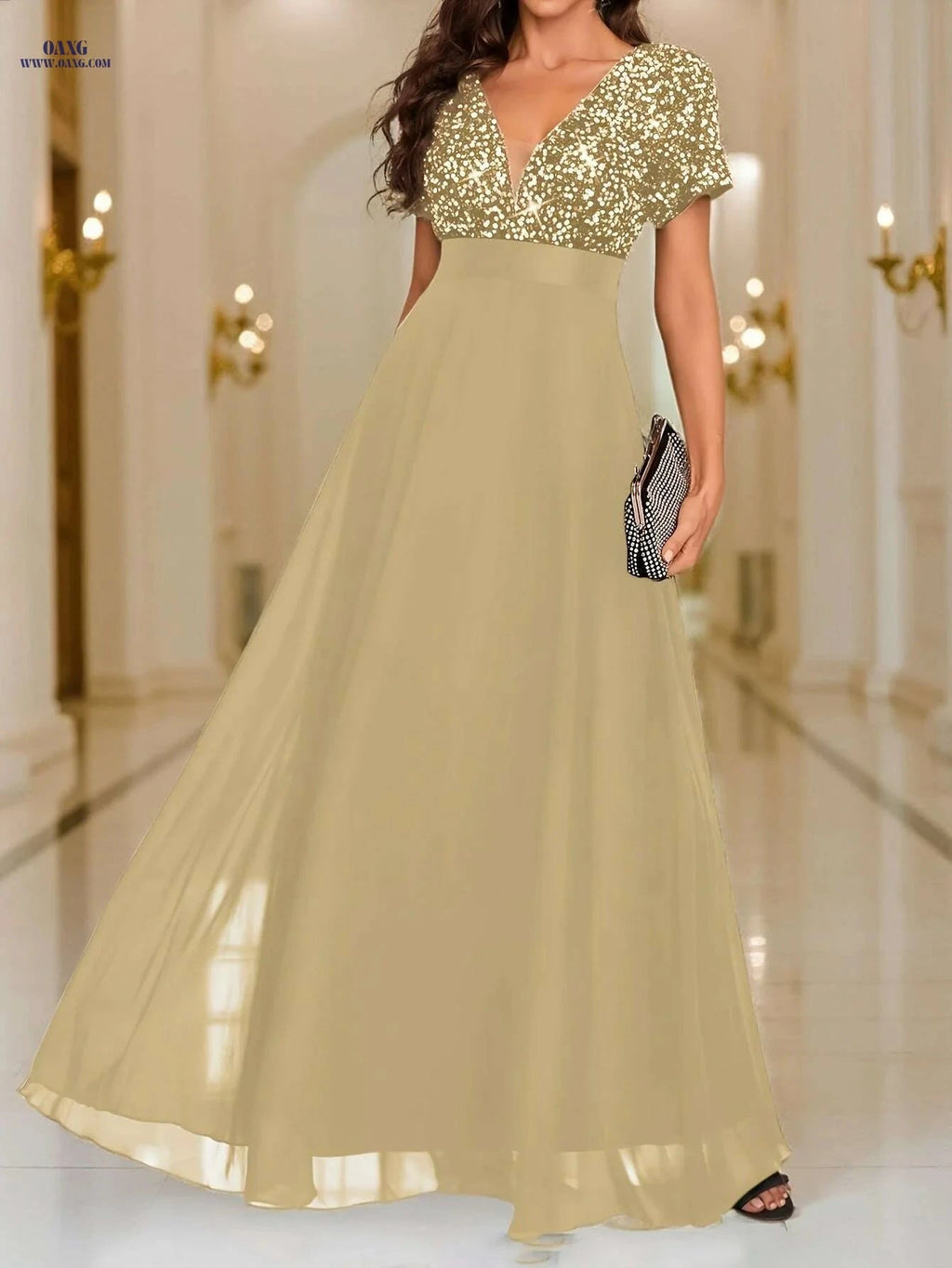 Elegant Women's Sequin Spliced Evening Gown - V-Neck A-Line Style   OAXG 