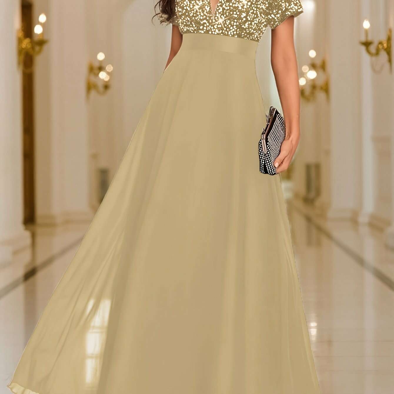 Elegant Women's Sequin Spliced Evening Gown - V-Neck A-Line Style   OAXG 