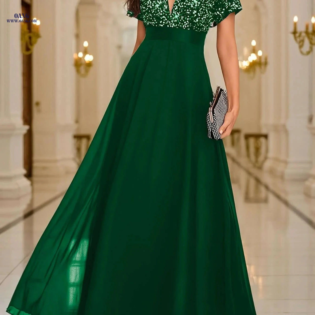 Elegant Women's Sequin Spliced Evening Gown - V-Neck A-Line Style   OAXG 