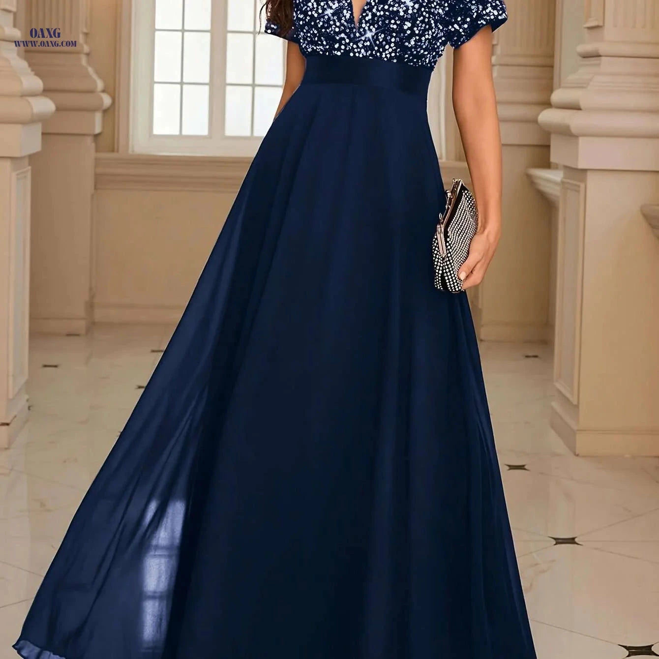 Elegant Women's Sequin Spliced Evening Gown - V-Neck A-Line Style   OAXG Light Gold / XS