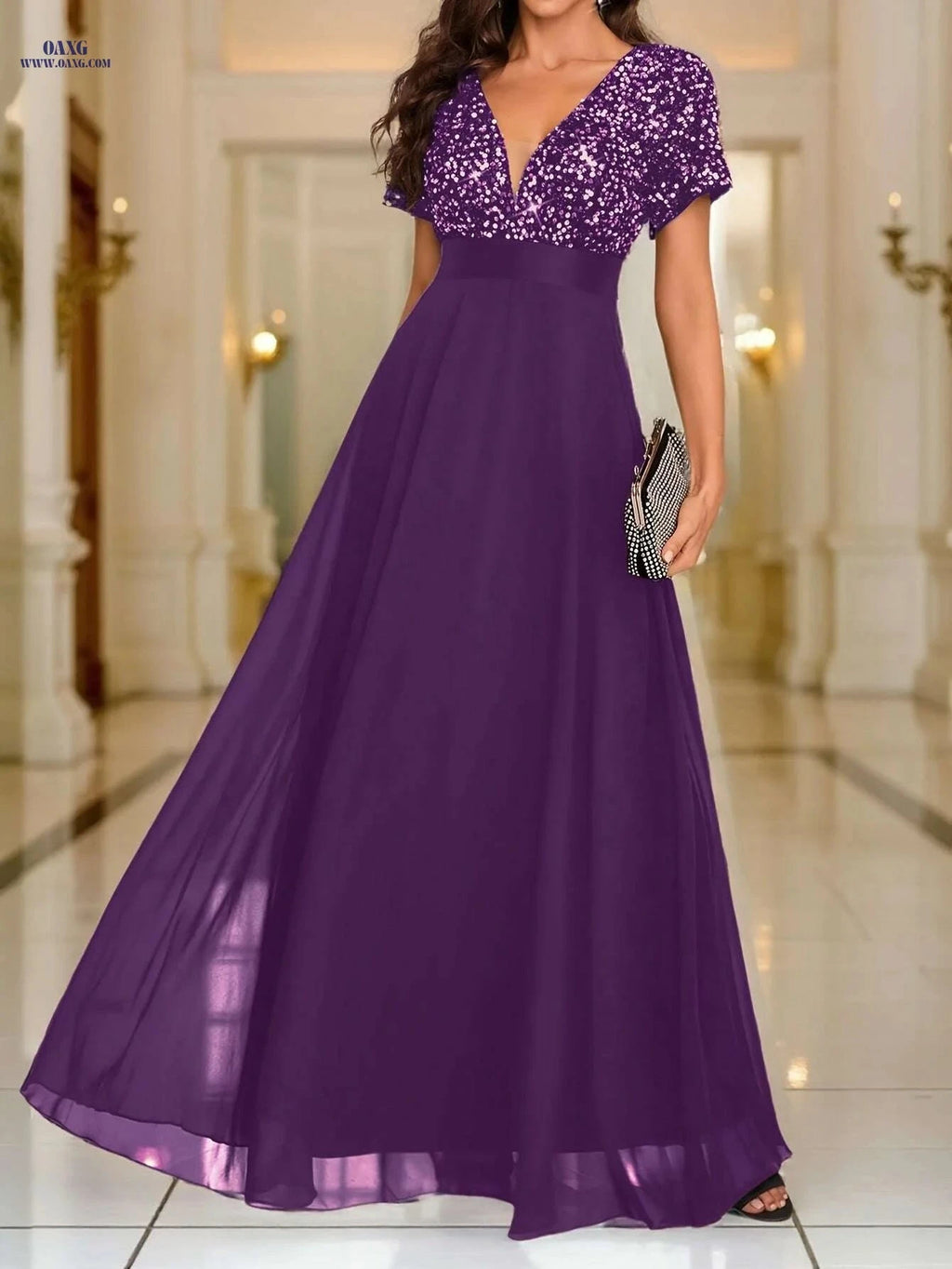 Elegant Women's Sequin Spliced Evening Gown - V-Neck A-Line Style   OAXG Light Gold / XS
