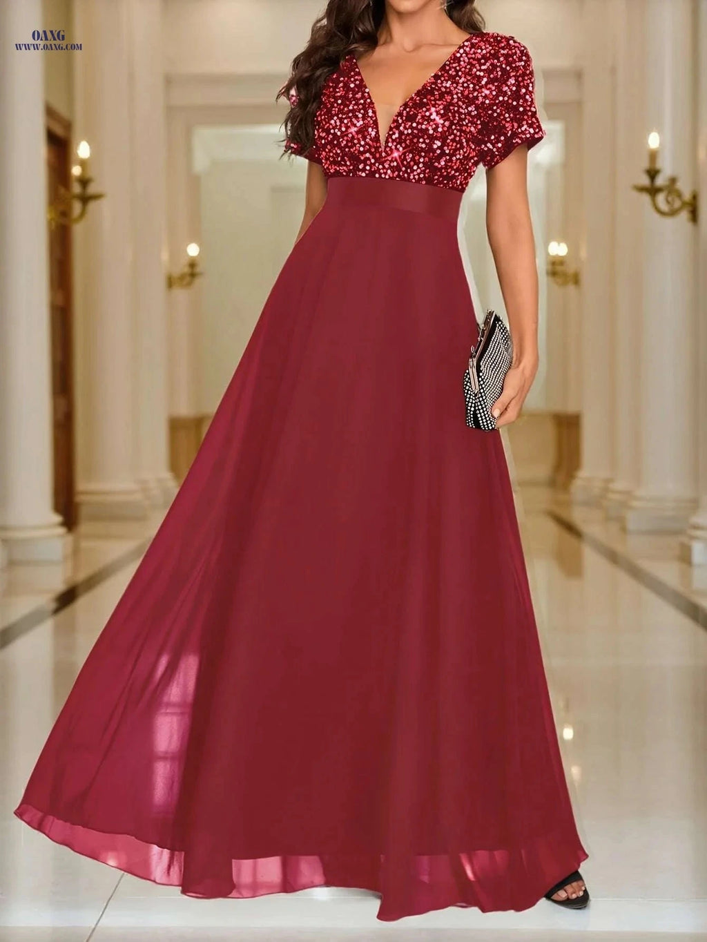 Elegant Women's Sequin Spliced Evening Gown - V-Neck A-Line Style   OAXG Light Gold / XS
