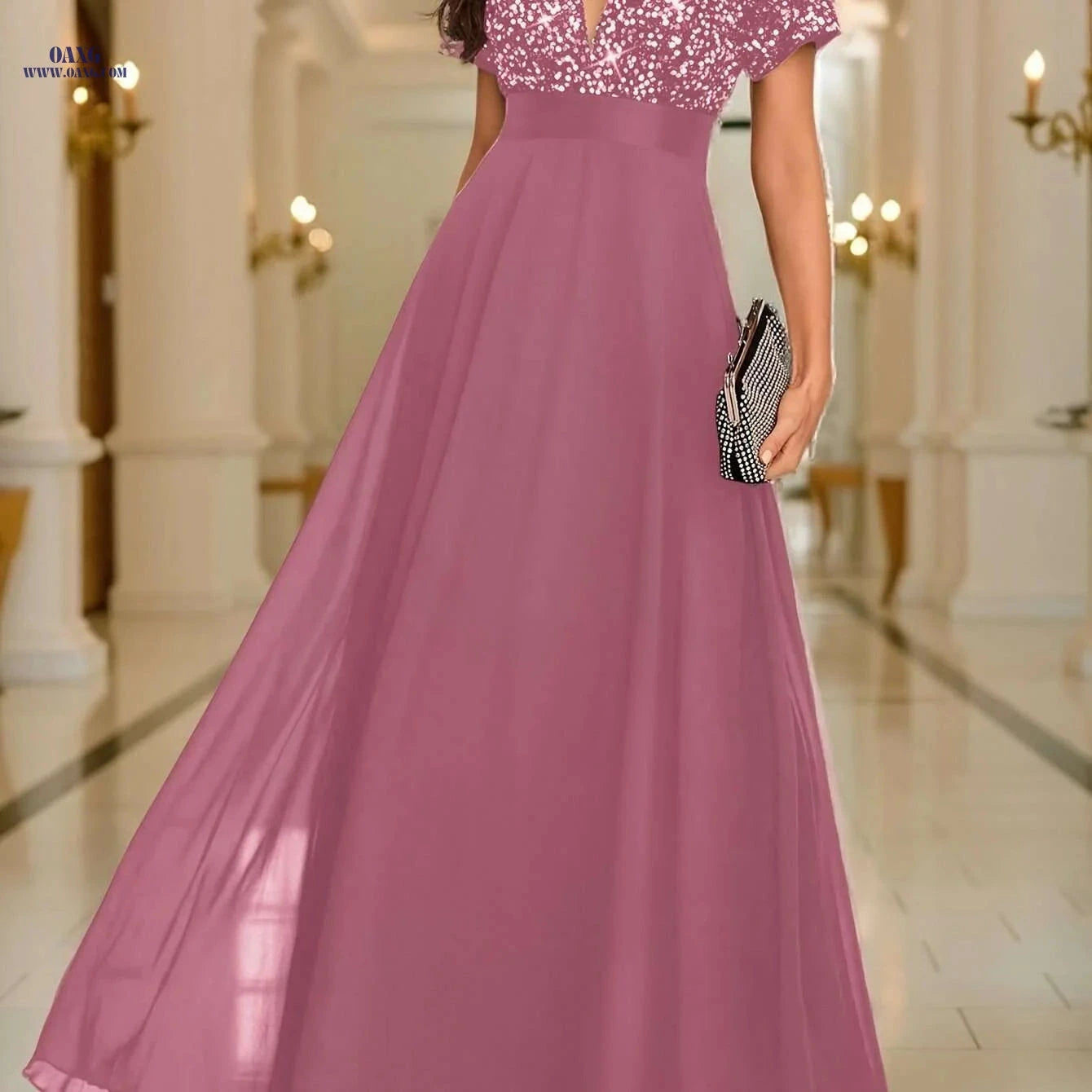 Elegant Women's Sequin Spliced Evening Gown - V-Neck A-Line Style   OAXG 