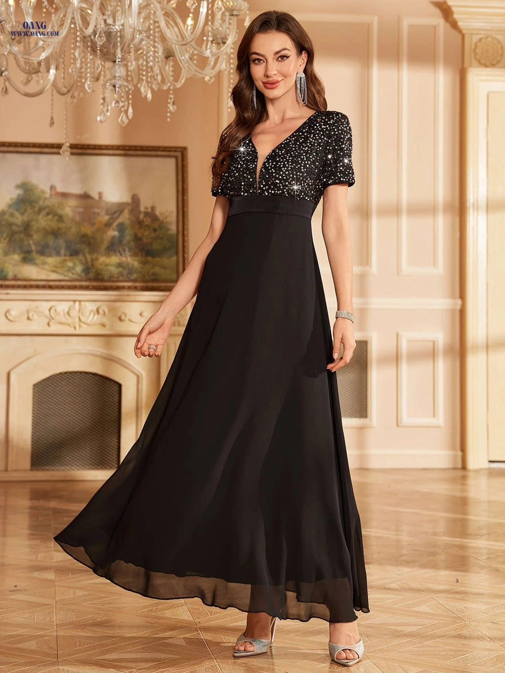 Elegant Women's Sequin V-Neck Party Dress - Perfect for Banquets   OAXG 