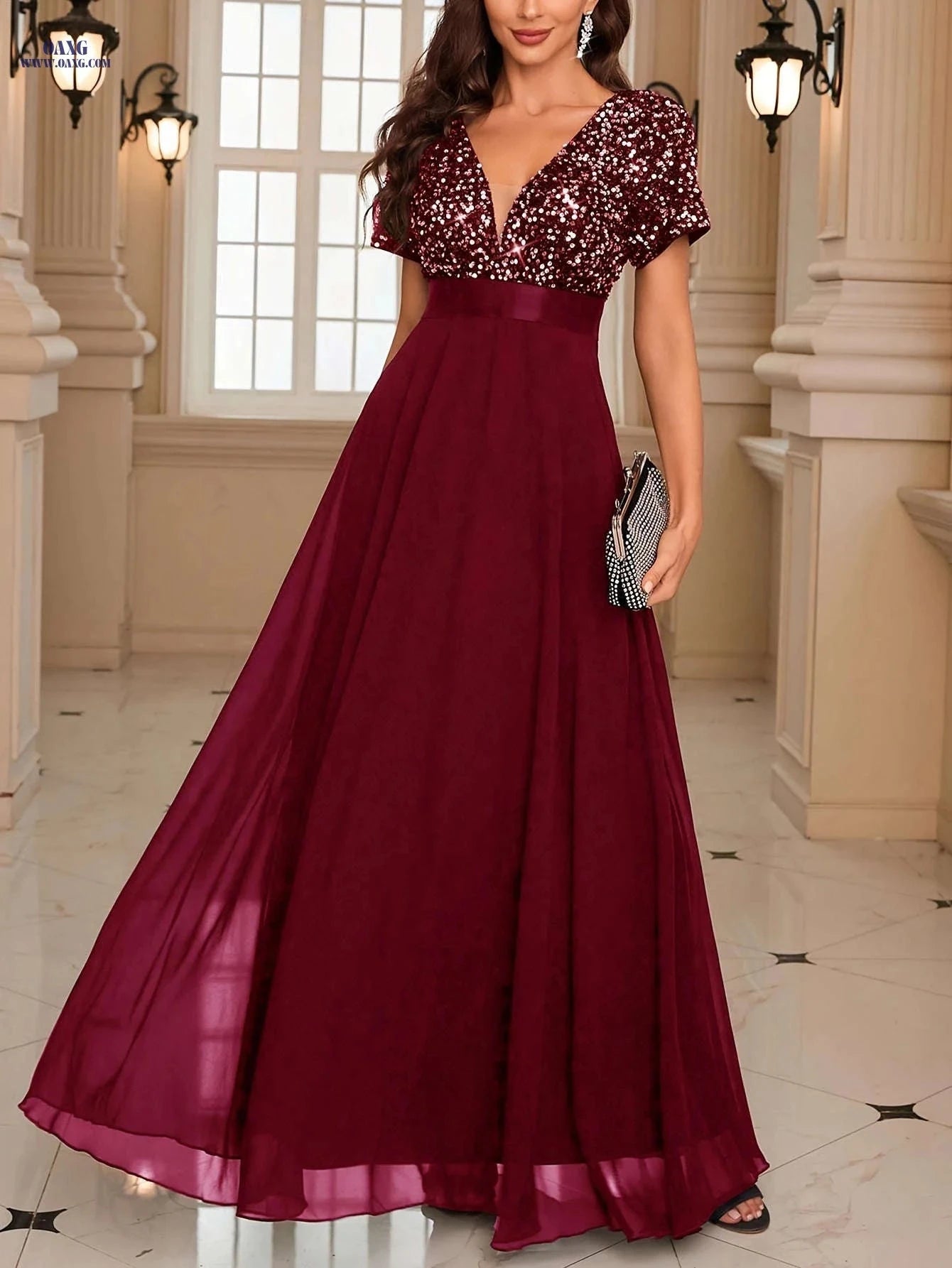 Elegant Women's Sequin V-Neck Party Dress - Perfect for Banquets   OAXG 
