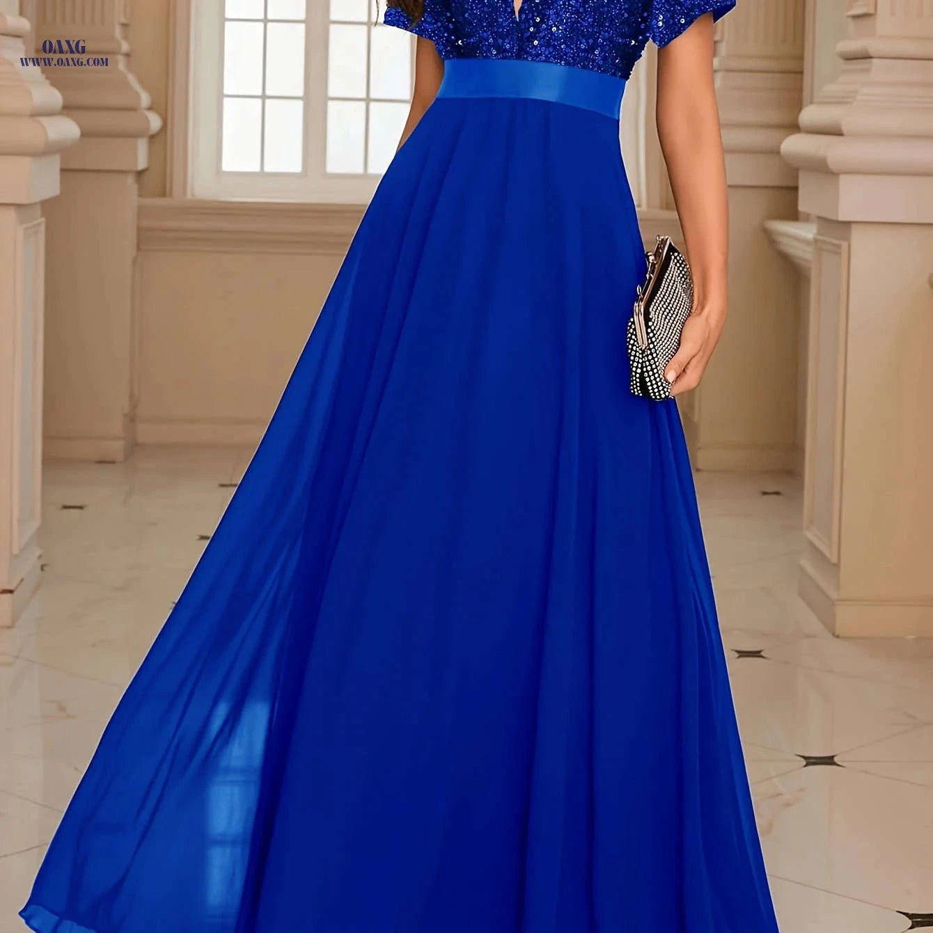 Elegant Women's Sequin V-Neck Party Dress - Perfect for Banquets   OAXG 