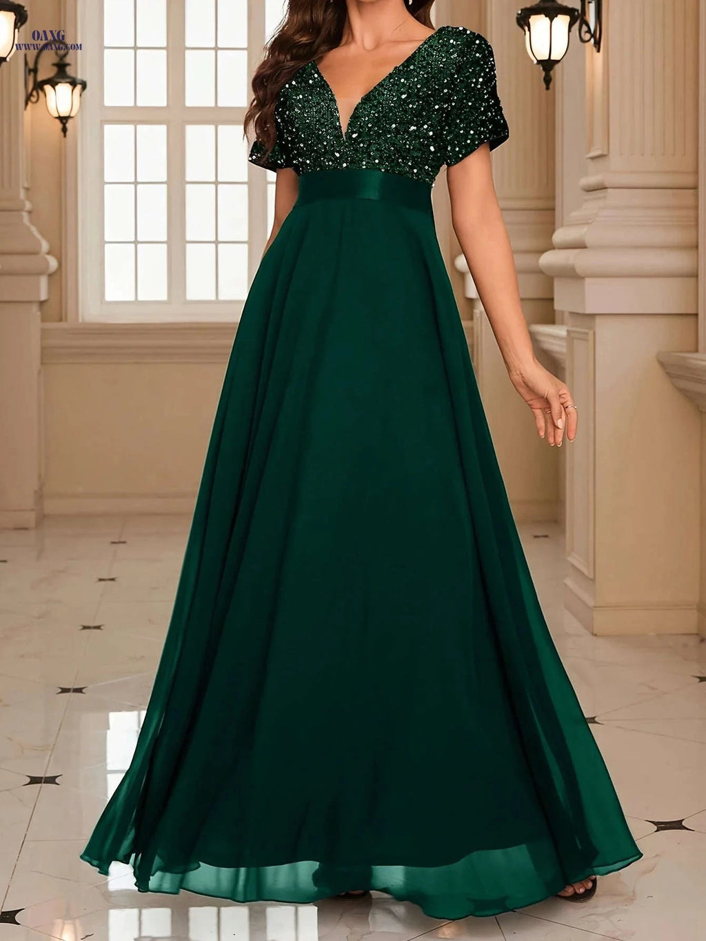 Elegant Women's Sequin V-Neck Party Dress - Perfect for Banquets   OAXG 