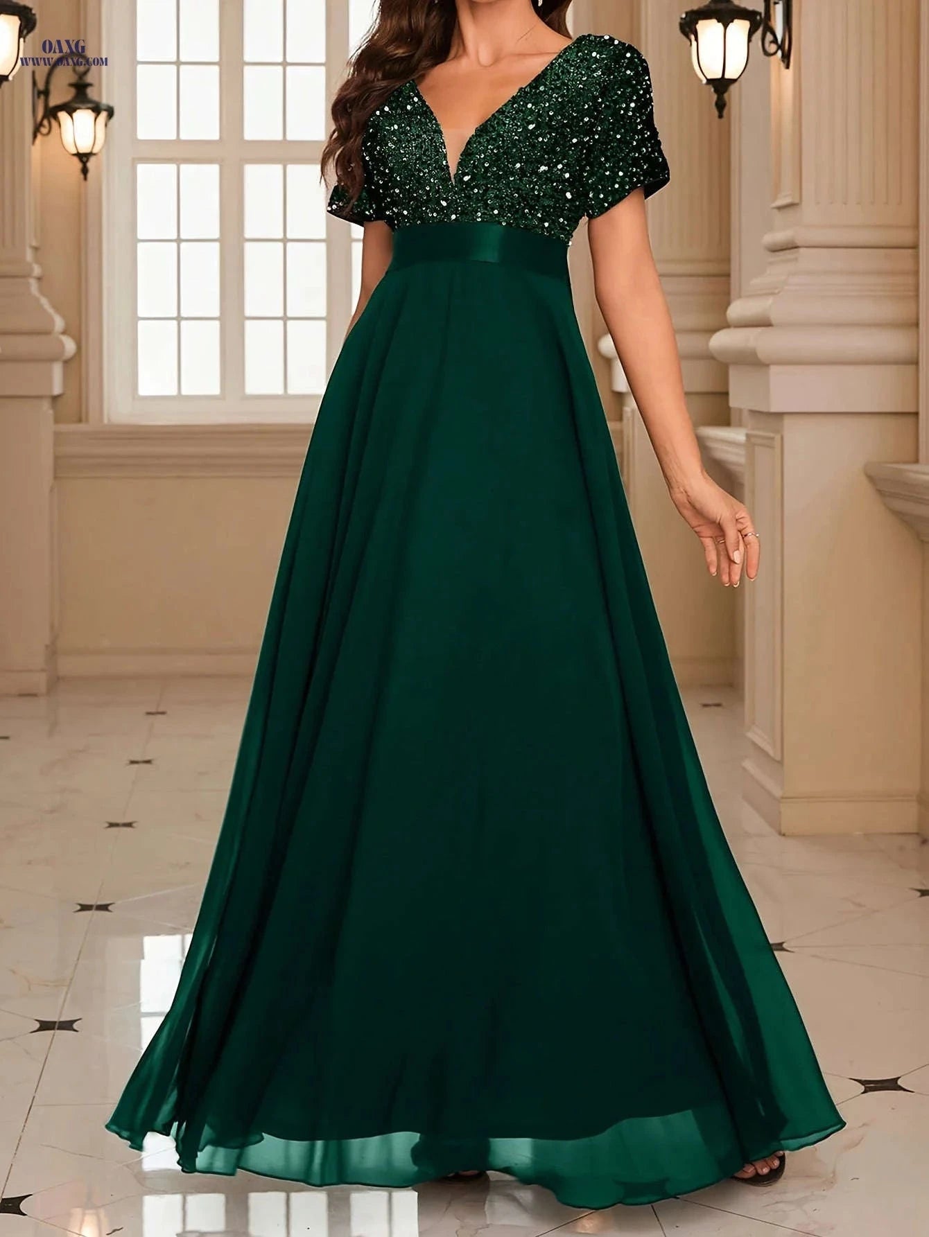 Elegant Women's Sequin V-Neck Party Dress - Perfect for Banquets   OAXG 