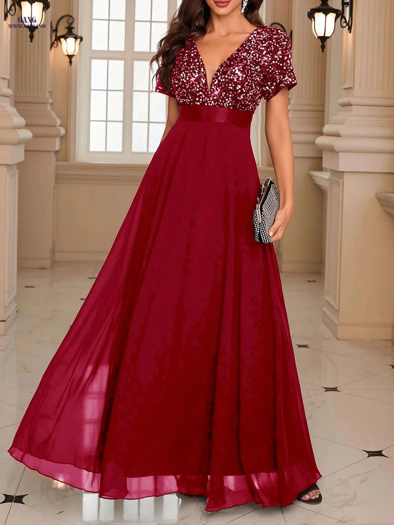 Elegant Women's Sequin V-Neck Party Dress - Perfect for Banquets   OAXG 