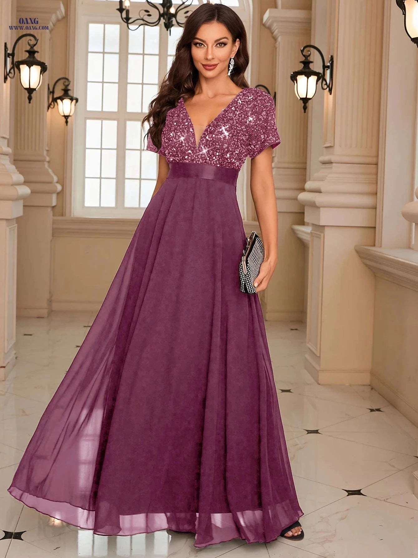 Elegant Women's Sequin V-Neck Party Dress - Perfect for Banquets   OAXG 