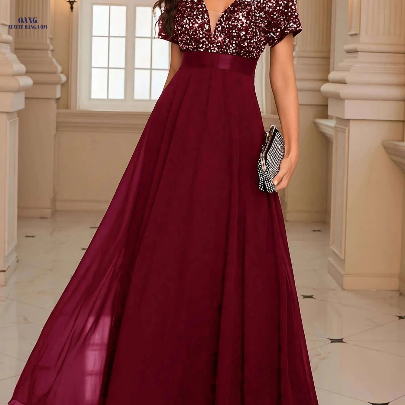 Elegant Women's Sequin V-Neck Party Dress - Perfect for Banquets   OAXG 