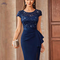 Elegant Women’s Short Dress - Sequins, Lace, Ruffled Details   OAXG 