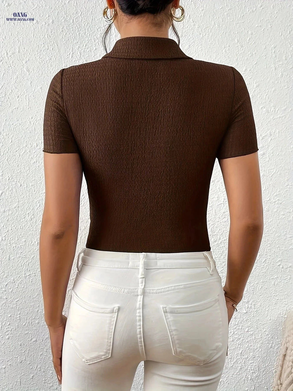 Elegant Women’s Short Sleeve Lapel Shirt - Solid Color Top   OAXG Black / S