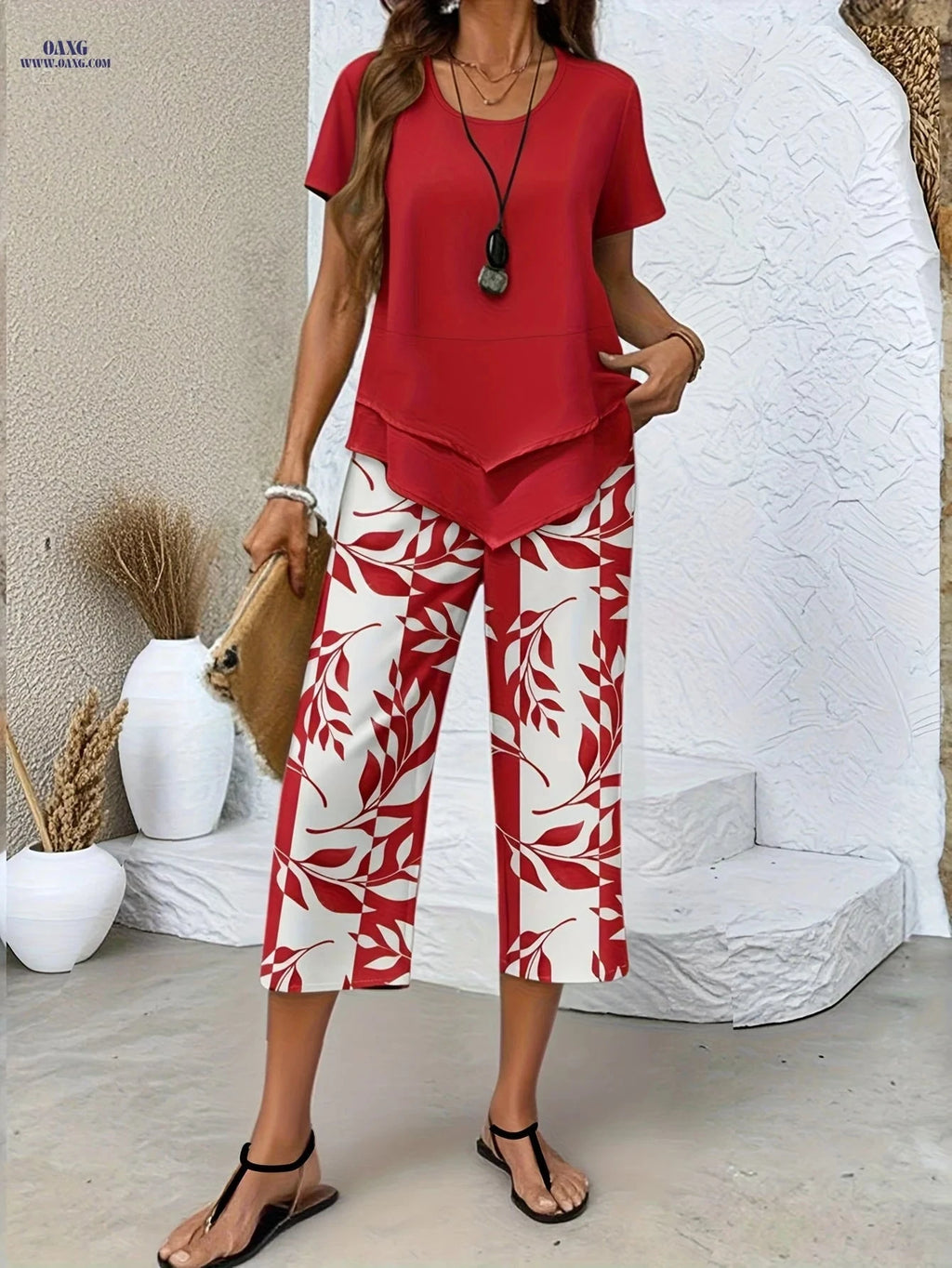 Elegant Women's Short-Sleeved Top + Botanical Print Shorts Set   OAXG Green / S