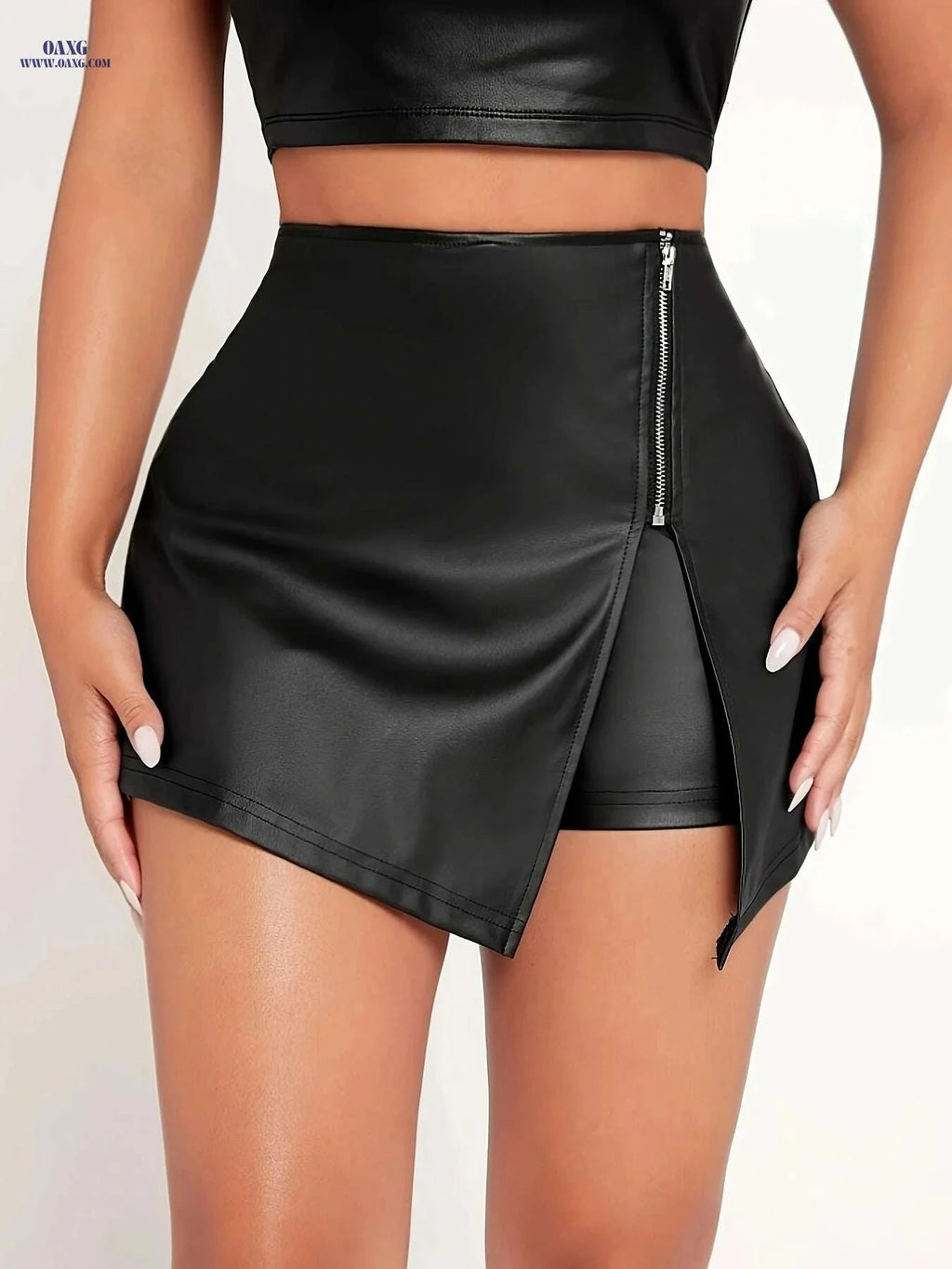 Elegant Women's Shorts - Solid Color, Mid Elasticity, Zipper Detail   OAXG 