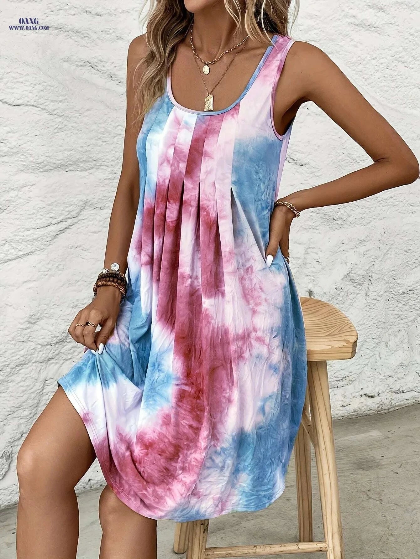 Elegant Women's Sleeveless Dress - Geometric Print, Casual & Dressy   OAXG Mixed Color / S