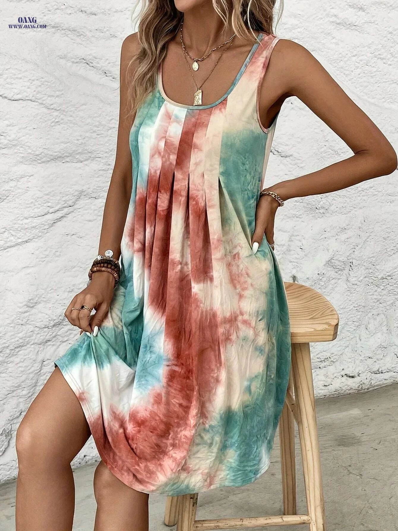 Elegant Women's Sleeveless Dress - Geometric Print, Casual & Dressy   OAXG Mixed Color / S
