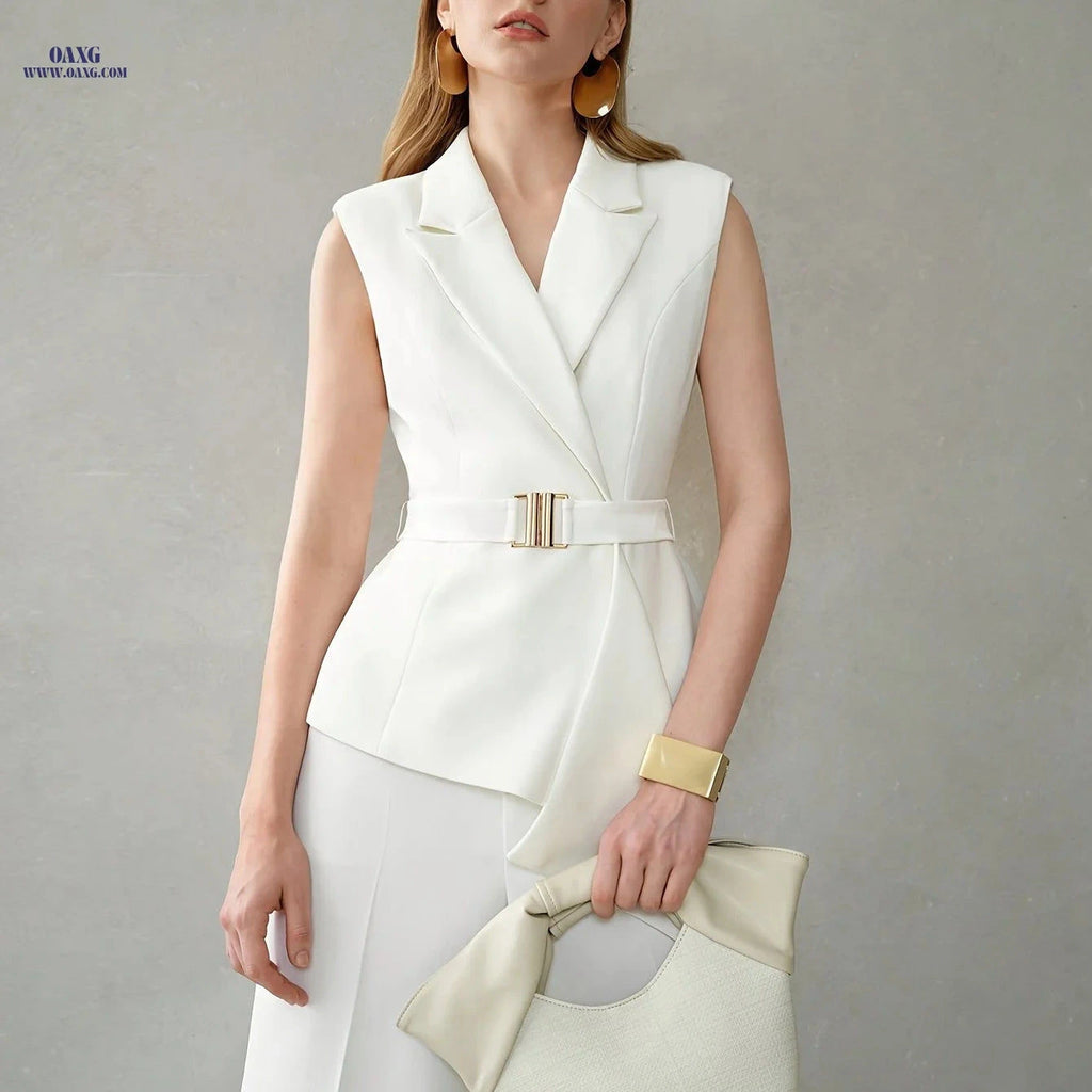 Elegant Women's Sleeveless Solid Color Suit - Perfect for Spring/Fall   OAXG 