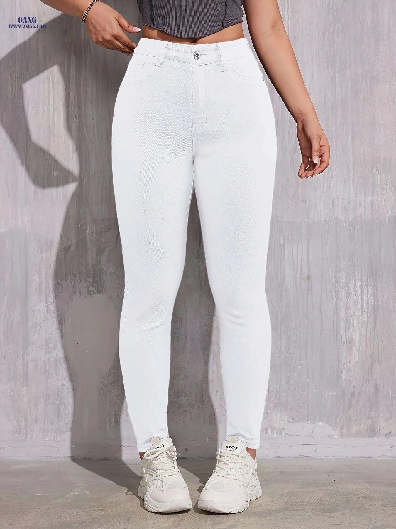 Elegant Women's Slim-Fit Denim Trousers - Medium Stretch, All-Season   OAXG White / XS