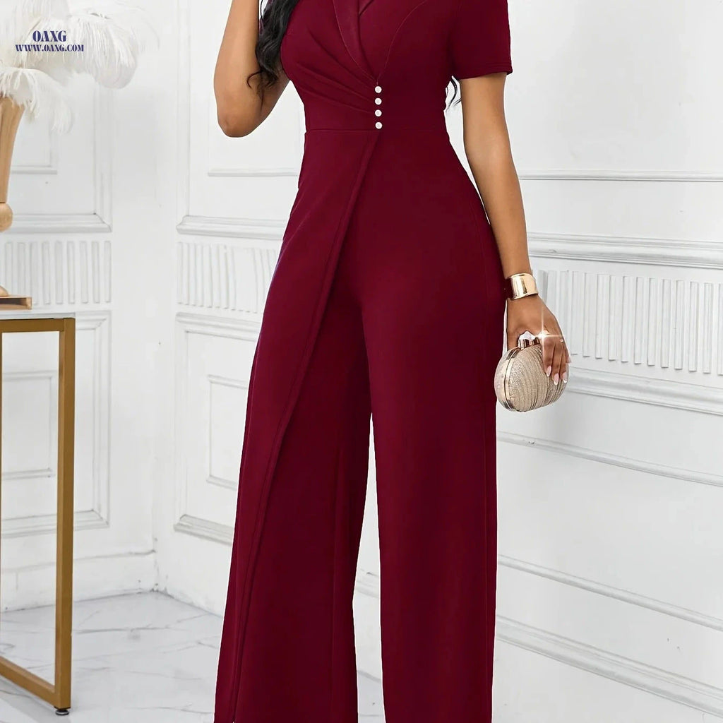Elegant Women's Slim-Fit Jumpsuit - Cross-Neckline & Long Length   OAXG 