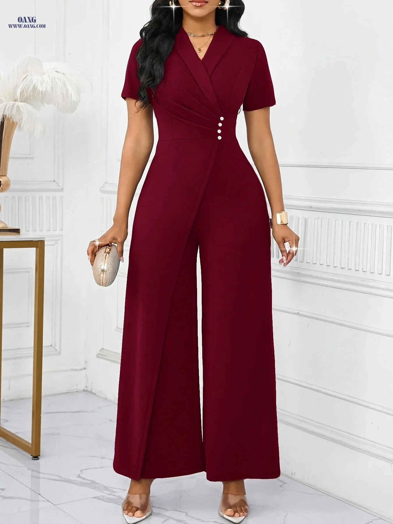 Elegant Women's Slim-Fit Jumpsuit - Cross-Neckline & Long Length   OAXG crimson / S